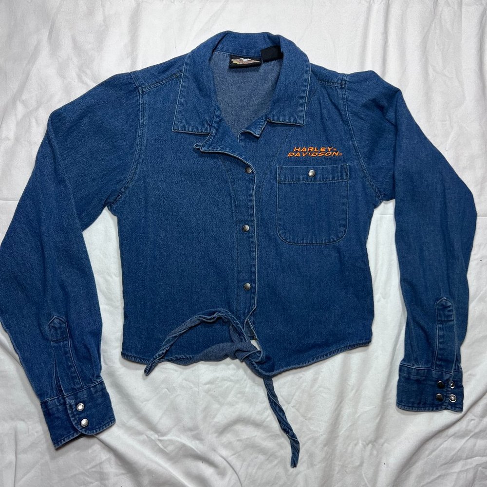 Vintage Harley Davidson Women's Denim L/S Denim Button Up Tie Knot